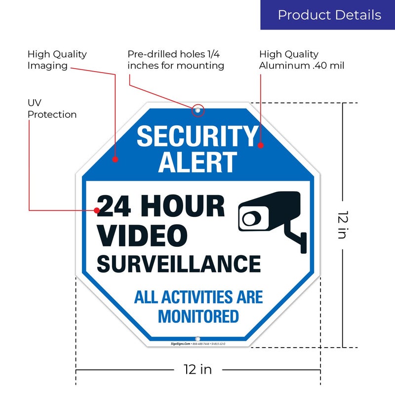 Sigo Signs علامة مراقبة الفيديو، تنبيه أمان CCTV، 12x12 بوصة، ألمنيوم مقاوم للصدأ .040، مقاوم للتلاشي، صنع في الولايات المتحدة - Image 3
